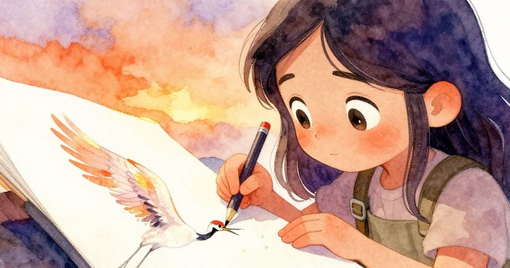 Iris專注凝視著翻開的素描本，筆劃化作精緻鶴翼，溫暖夕陽與柔光映襯她內心對意外美感的欣然接受。