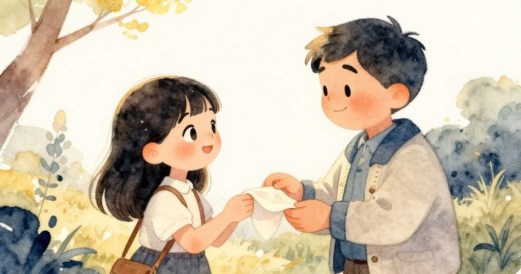 Oren手持剪刀輕將布條放於Iris素描本旁，Iris含笑接住珍貴布片，背景為河邊早市與自然溫馨景致，情誼滿溢。