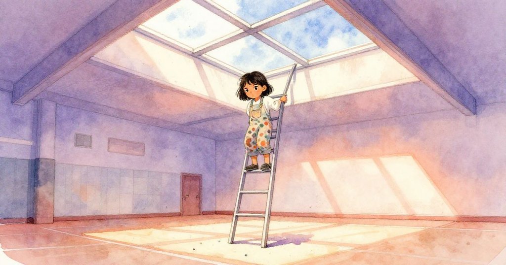 瑪麗索爾小心平衡梯子於天窗下,畫面部分展露體育館角落,陽光穿透,準備開始明日慶典的動人啟程