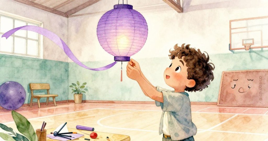 從小生物視角看,歐文專注調整搖曳彩帶,體育館內隱約展現活力與故事的傳承過程