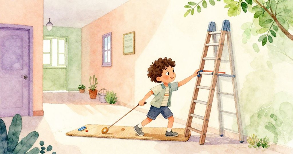 歐文在體育館過渡空間拖拉墊子穩固梯子,動作專注,為燈籠準備展現出轉變與希望的瞬間