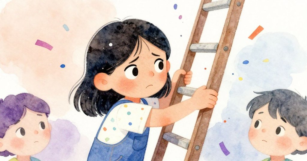 瑪麗索爾因梯子搖晃表情緊張,手碰散落彩紙顯露內心掙扎,情感真摯展現困難中堅持的瞬間