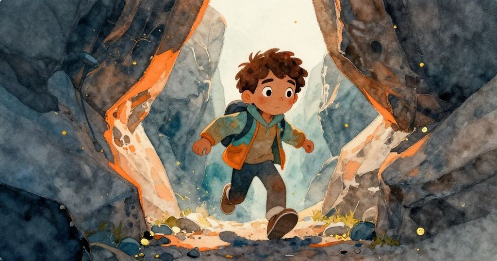 米洛踏入狹窄峽谷，石壁與落日金光映照，神情堅定充滿冒險啟程的期待。