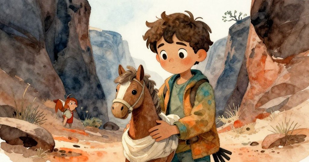 米洛在峽谷中細心捧著裹布的小木馬，神情溫柔中帶著對冒險和舊日回憶的珍視。