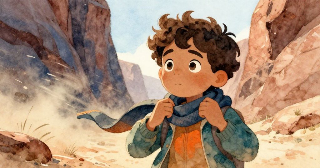 小蜥蜴視角下，米洛在峽谷中擋風調整圍巾，動作果斷，背景石面和沙塵呼應自然節奏。