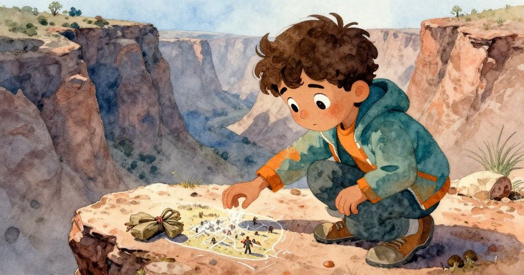 米洛蹲在岩石邊緣伸手撿拾墜落包裹，發現粉筆畫出的微型戰場，充滿秘密與童心幻想。