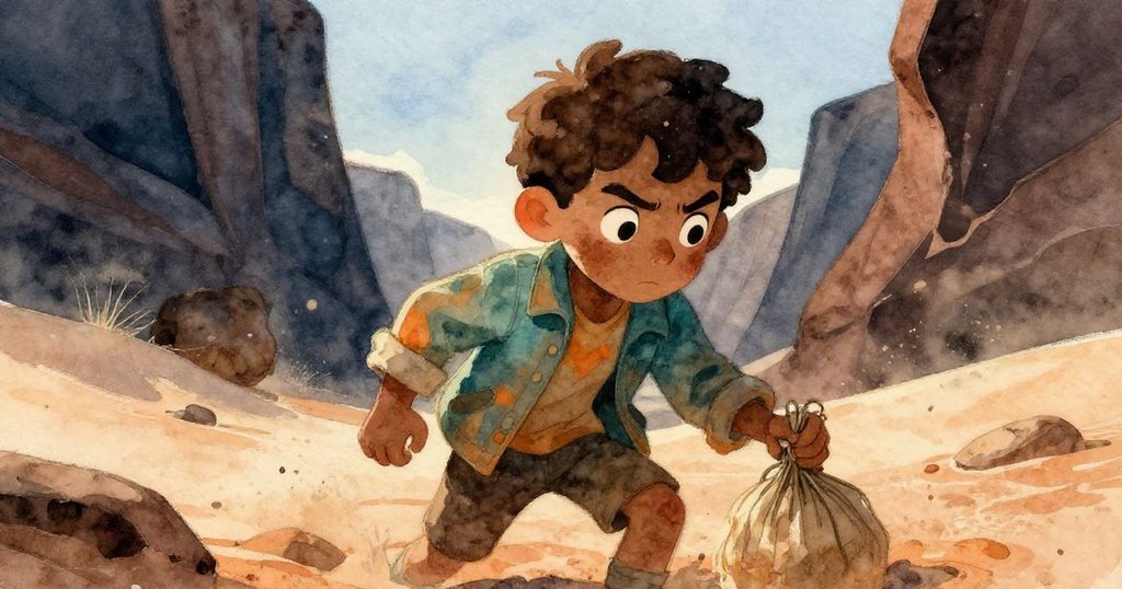 米洛面部特寫中滿臉塵土，神情專注掙扎著撿起摔落包裹，映出峽谷間沙塵飛揚的動感。