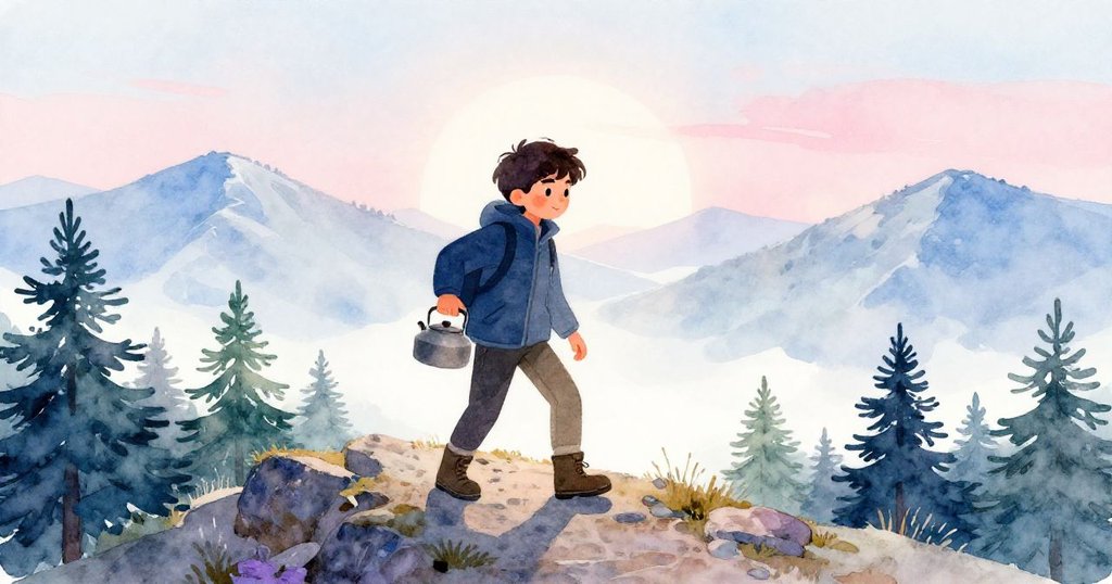 米洛清晨攜帶鋼水壺踏上松嶺，晨光映照山徑，展現期待與堅定精神。