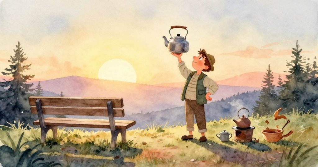 米洛專注調整水壺繫帶，雙手靈巧動作，背景隱現松針與石徑，顯露小心與決心。