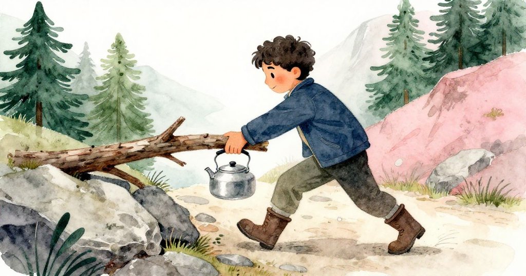 米洛在崎嶇山徑上側身撥開倒下樹枝，水壺輕碰露出驚訝與敏捷反應，場景充滿動態美。