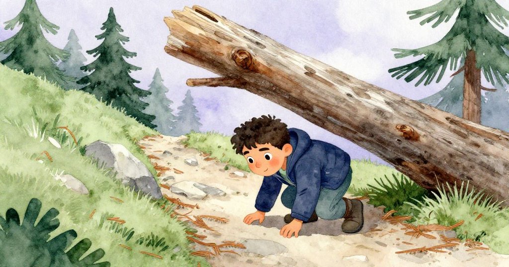 米洛在落針飄散中迅速彎腰躲避橫倒杉木，神情流露出堅毅與警覺，山徑充滿秋意。