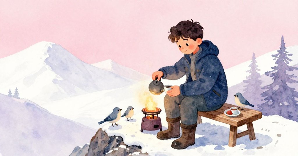 米洛在山頂長椅上點燃小火爐倒茶，小鳥圍繞，臉上滿溢喜悅與滿足，遠景村莊散發微光。