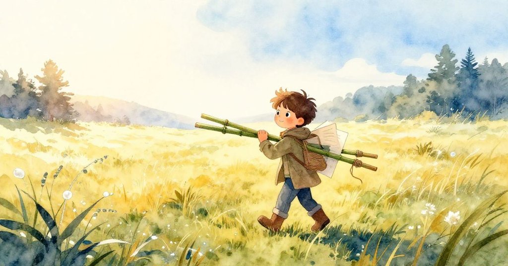 卡勒姆在黎明時分走進露珠閃爍的草地，手提竹子和紙板，滿懷期待與堅定。