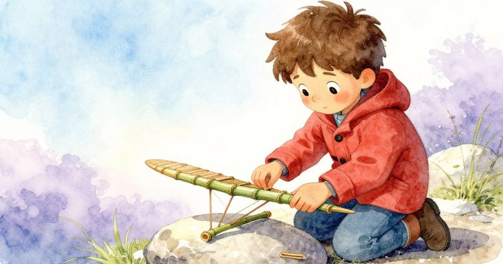 卡勒姆跪在石頭上細心組裝竹翼，指尖觸碰散落細沙，背景呈現柔和晨光與草地。