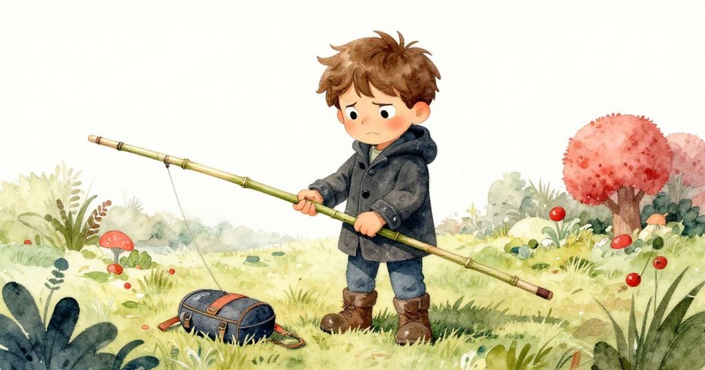 卡勒姆面露皺眉調整不對齊的竹杆，專注中帶著微妙沮喪，背景有晨光、草地與零散零件。