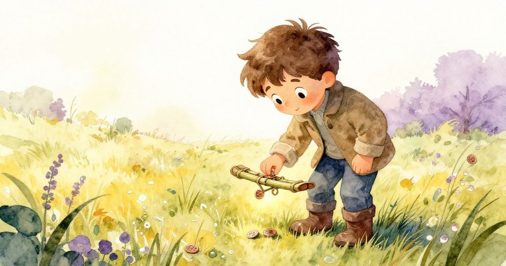 卡勒姆彎腰拾起露珠草地上的銅幣，眼中驚訝與堅定，並將銅幣謹慎嵌入竹翼中。