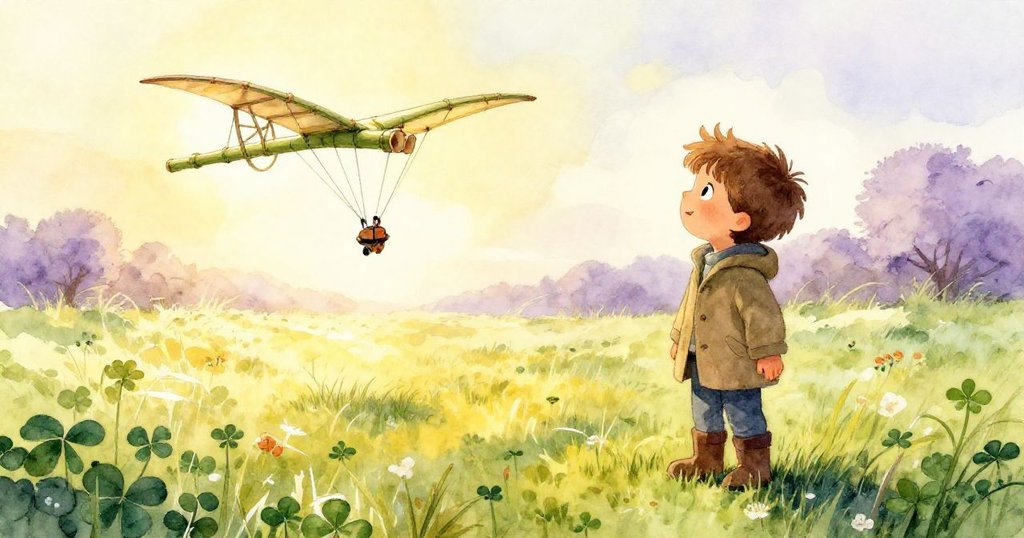 卡勒姆凝視著落在三葉草上的竹翼，滿懷滿足與希望，柔和晨光映照新起點。