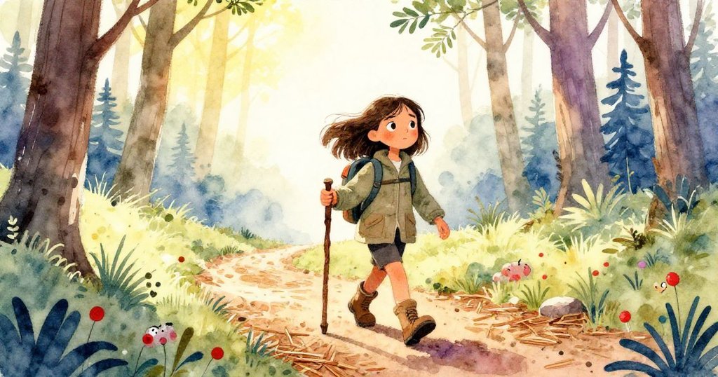 Mara穿著戶外裝扮在松針鋪就的小徑上前進，充滿期待，背景為靜謐森林與晨光映照。