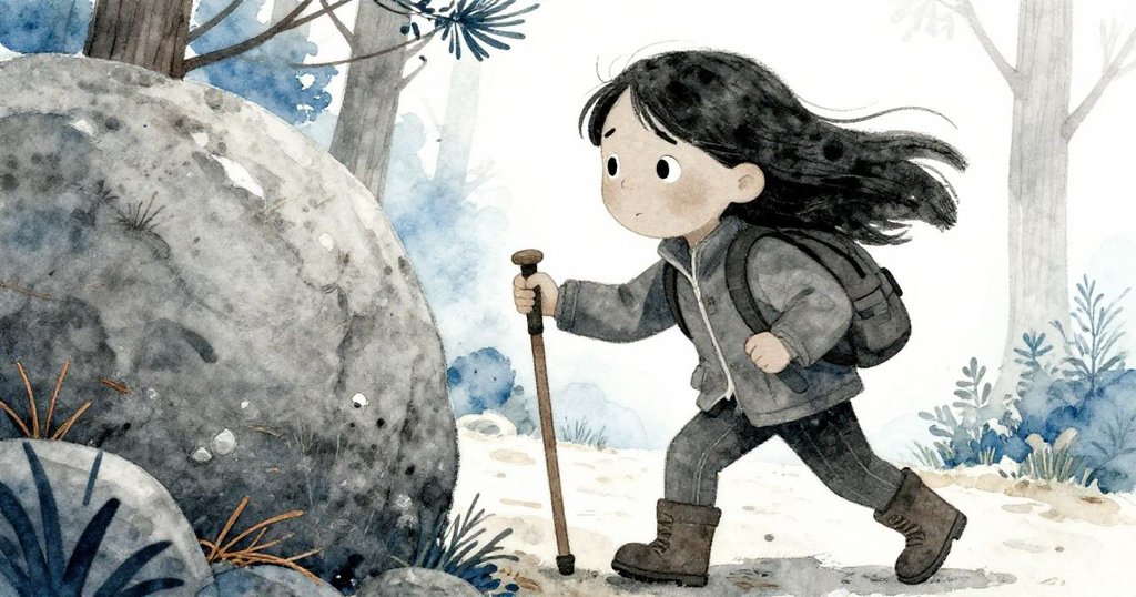 Mara在岩石旁用拐杖穩住自己，眼神專注堅毅，手勢靈巧，背景隱約見登山小徑與石頭細節。