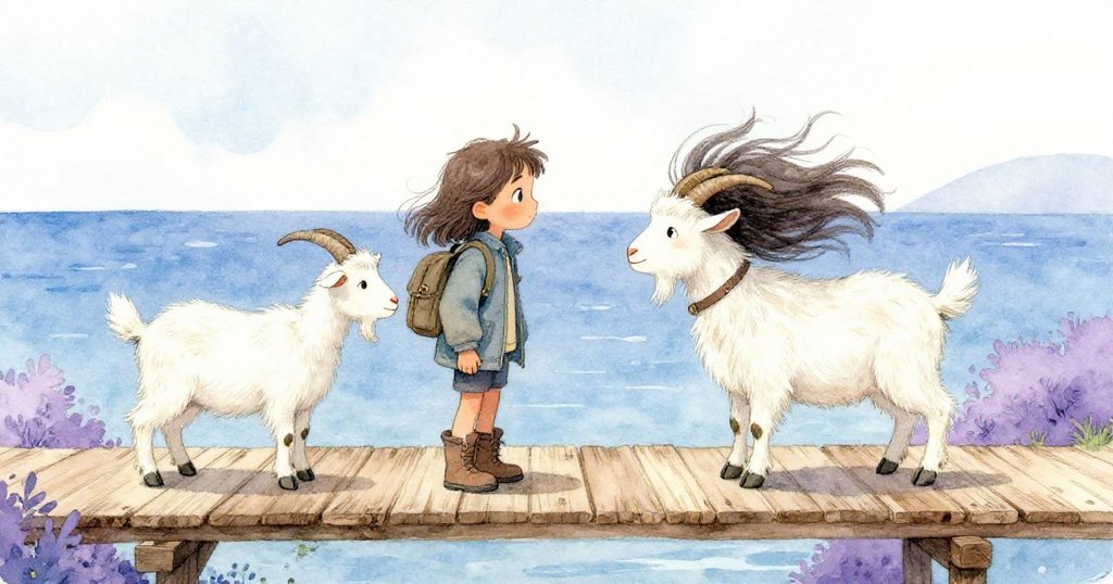 Mara在搖晃木橋上與悠然山羊相遇，臉帶些緊張礙眼，但神情堅定，背景為淺渊和自然景緻。