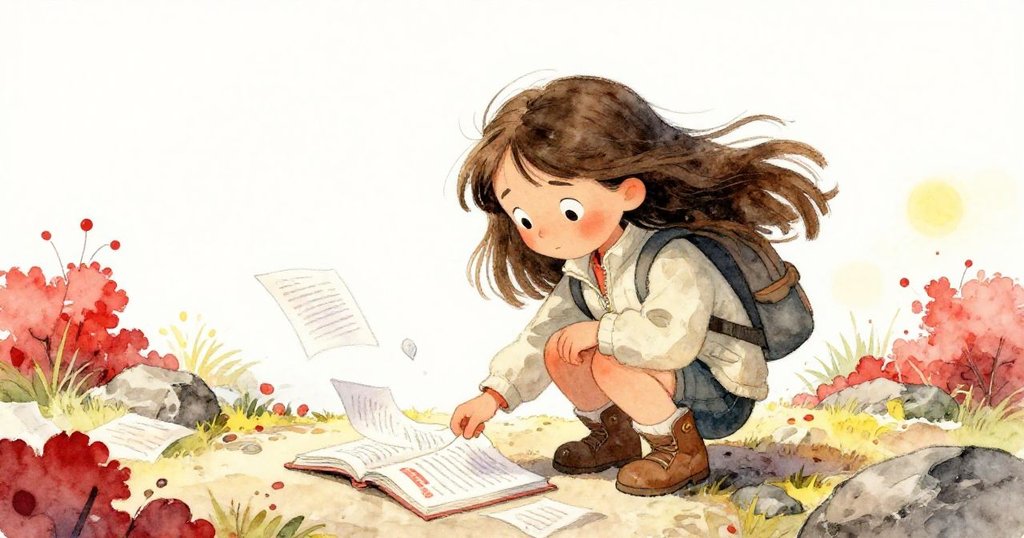 Mara在石徑上蹲下拾起飛舞的學習指南，臉上掛滿鬆懈與安心微笑，背景透露自然岩石與陽光細節。