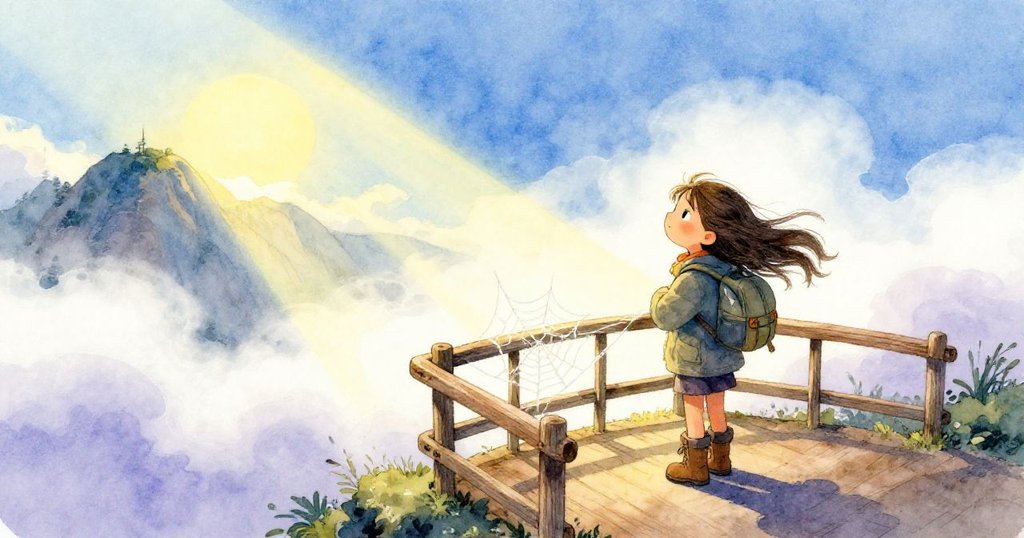 Mara於山脊觀景台上坐下靜畫，背景雲霧彌漫，陽光穿透灑於欄杆上，充滿寧靜與希望。