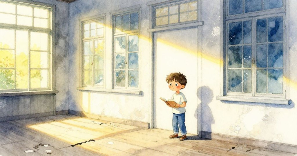 摩根走進陳舊自然館,夕陽透過高窗灑在裂紋地板與斑駁馬賽克上,臉上流露好奇與期待。