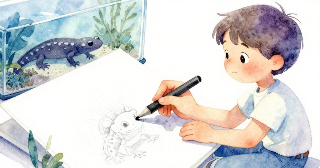 摩根正專注用炭筆在素描本上描繪展箱內游動的蝾螈,雙手細緻動作展現認真與熱情。