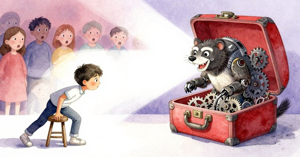 摩根驚慌中努力穩住搖晃凳子,遠處機械土狼甦醒奔出展箱,觀眾皆顯吃驚,氣氛緊張生動。