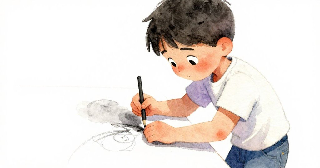 摩根凝視素描本,巧妙將意外劃痕融入作品中,臉上流露堅定與創造激情,動作專注溫柔。