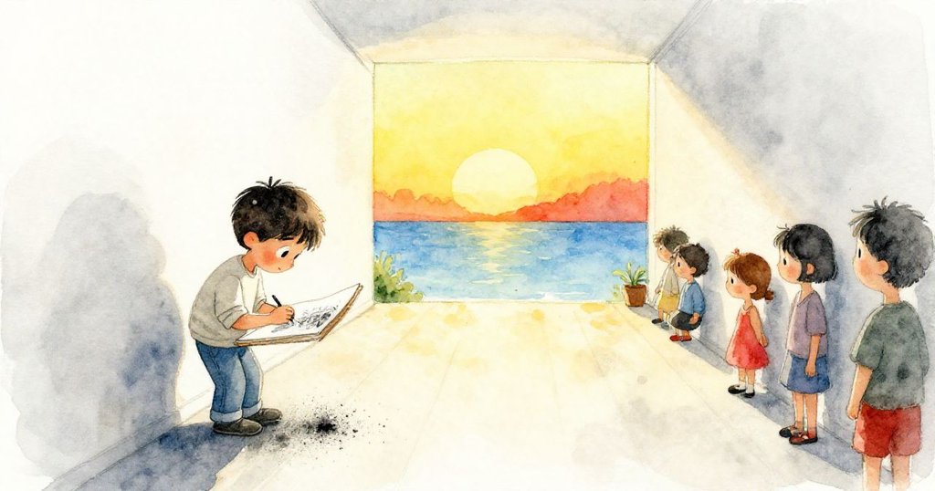 摩根合上素描本,炭粉在斜陽中熠熠生輝,寧靜大廳中洋溢著從容與新旅程的希望。