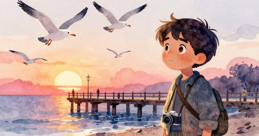 馬泰奧迎風調整相機時,海鷗振翅高飛,晨曦背光下動感場景展露堅定神情。