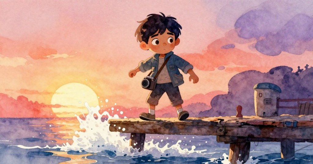 馬泰奧躍上更高橫樑防浪花,濺起泡沫噴灑衣襟,動感場景融合晨光與堅定意志。