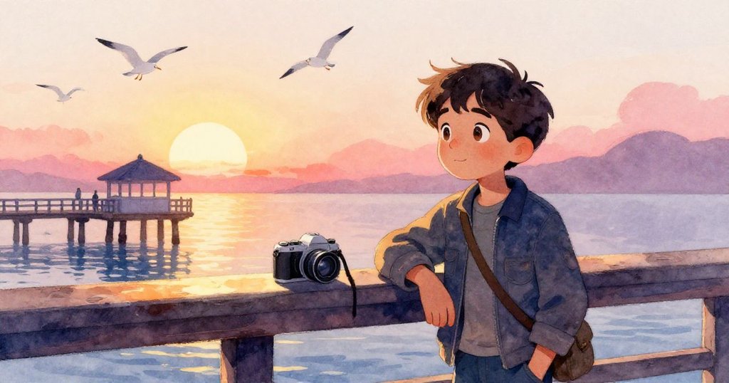 馬泰奧在穩固橫樑邊檢查剛捕捉的相片,海鷗環繞晨曦,畫面透露著成功與未完續章的希望。