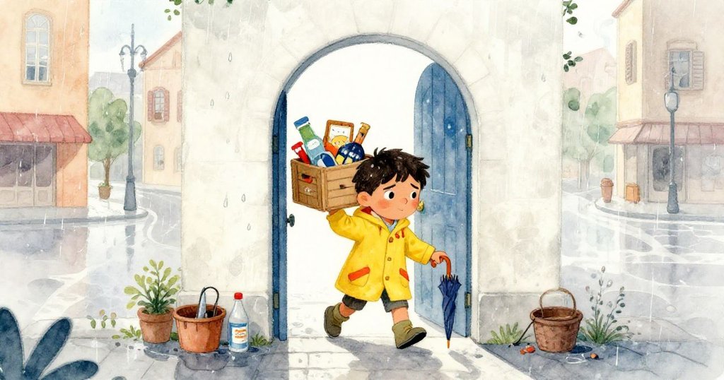 Mateo 穿過拱形入口,手持書箱和摺疊傘,迎著清晨細雨,充滿決心,背景展示銀色雨點和濕潤街道。