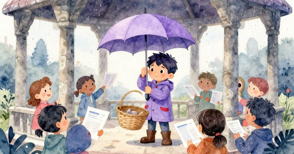 透過雨滴玻璃可見,Mateo在涼亭內巧妙使用倒轉的傘收集傳單,背後有孩子和志工相互幫助,場景溫馨動人。