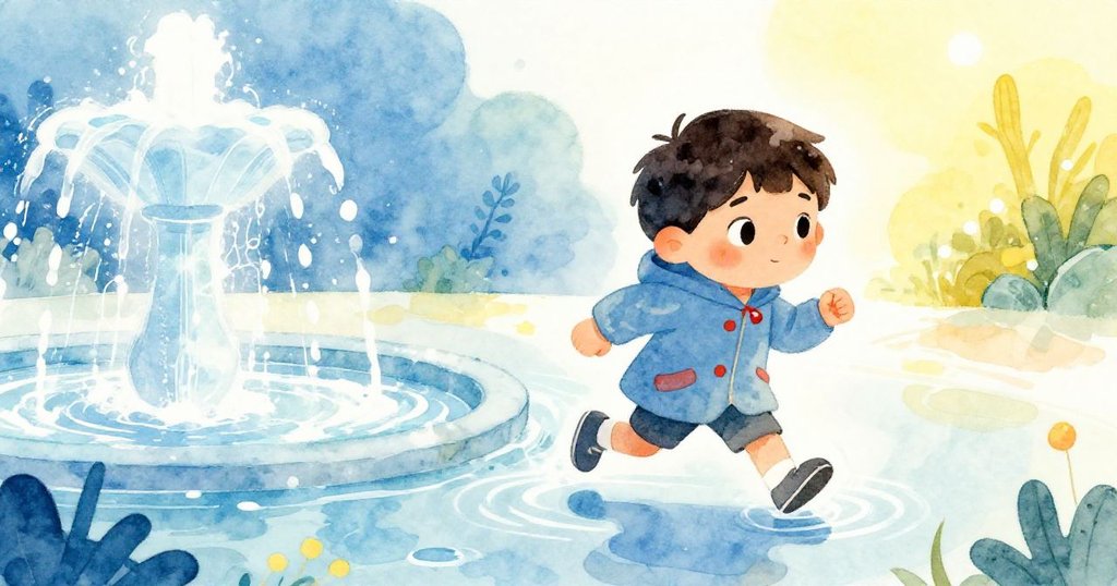 在噴泉旁的積水中反射出Mateo急促腳步,水面形成舞動的漣漪,雨滴點綴下,場景夢幻而充滿活力。