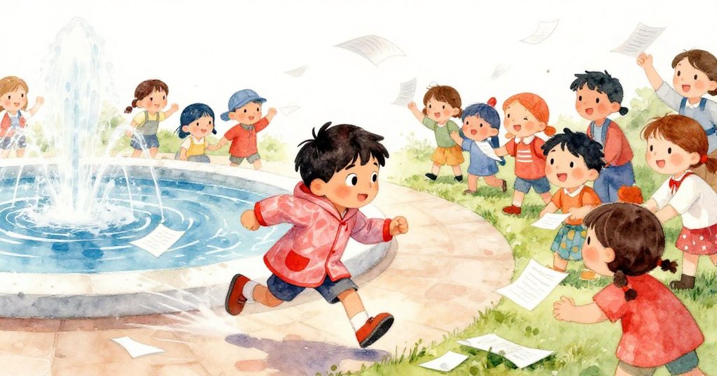 Mateo在濕滑的曲徑上急奔追逐散落的書頁和傳單,孩子們熱情協助,水花飛濺中充滿急促和溫馨。