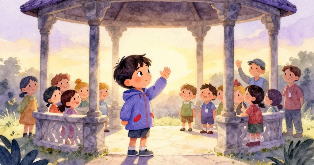 在石造涼亭前,Mateo向協助過的孩子和志工揮手告別,夕陽微光中展現溫暖笑容,雨後故事溫馨結束。