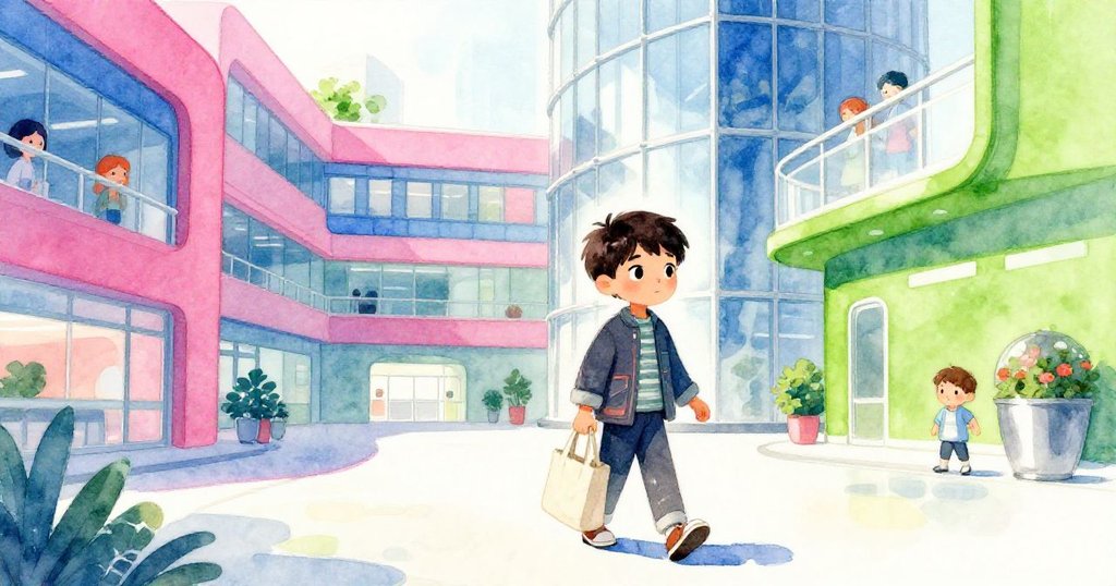 路卡斯背著帆布手提袋穿過醫院內庭，明亮晨光中散落落葉和鋼製長椅，充滿期待神情，開啟冒險。