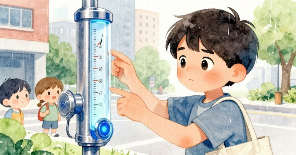 路卡斯檢查雨量計，專注拿著工具，手提袋細節清晰，背景現代城市建築，流露認真和好奇。