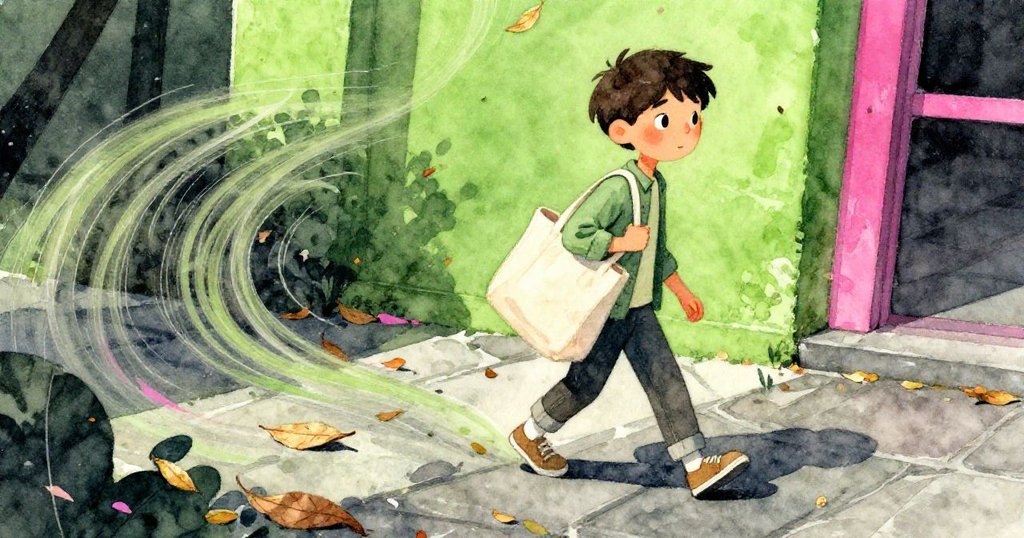 動態角度展示風中飄舞的乾葉與路卡斯行走，石板光澤映出都市現代感，神情愉悅前行。