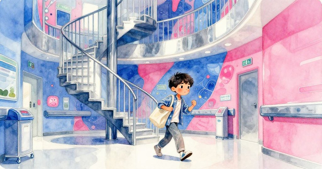 明亮走廊中彩繪壁畫與螺旋樓梯並存，路卡斯步向上層，充滿活力與堅定目光。