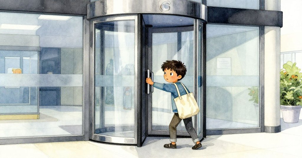 緊張時刻路卡斯用雙手推動旋轉門，玻璃反射晨光，表情專注面對挑戰，夕陽映襯。