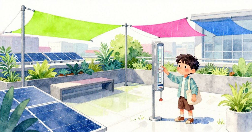 在屋頂花園中，路卡斯微笑著檢查最後雨量計，蜂蝶飛舞，綠意盎然畫面，故事續展。