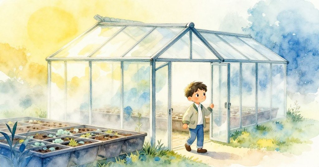 Milo走進充滿薄霧的溫室,背景有發霉育苗盤與玻璃天窗,面帶好奇與決心展開探索之旅