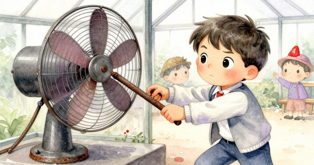 Milo聚焦拉扯生鏽操縱桿,雙手細節展現堅定與挫折,背景隱見老舊通風機,情境充滿探索與挑戰