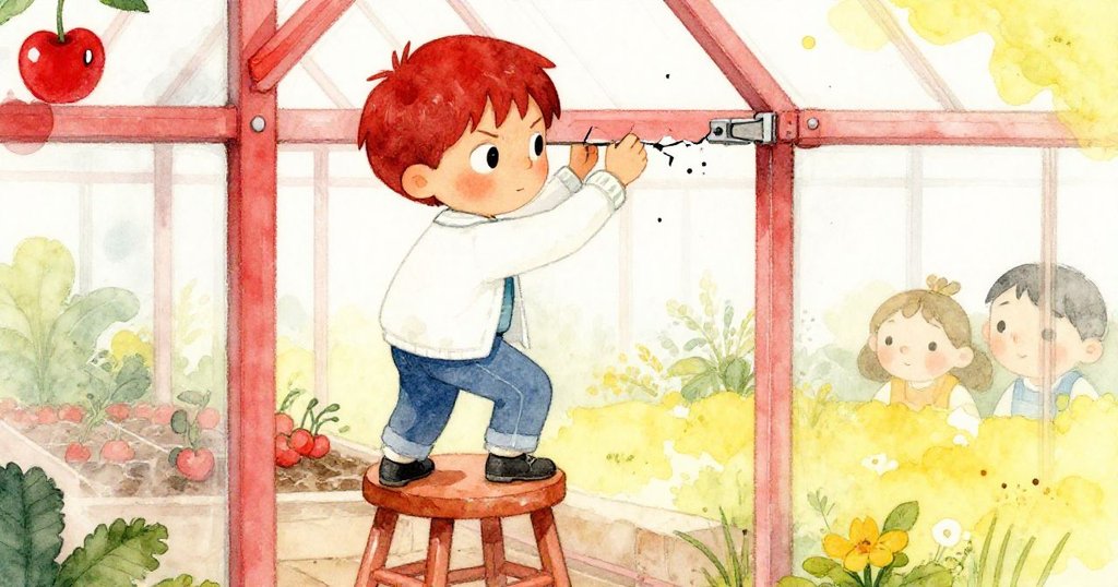 Milo踩上破損凳子,專注檢查裂縫鉸鏈,動作充滿決心,背景顯示濕潤混凝土地面與晨光照射,情節逐步展開