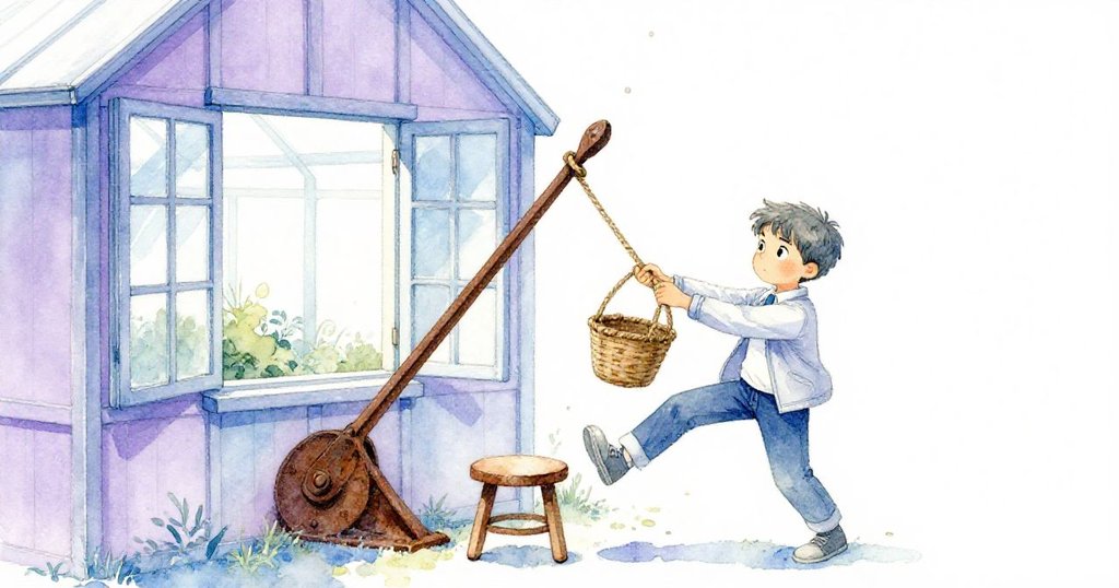 Milo靈機一動綁繩拉籃,踢開凳子成功拉動操縱桿,動作激烈中露出驚喜表情,情節達到高潮