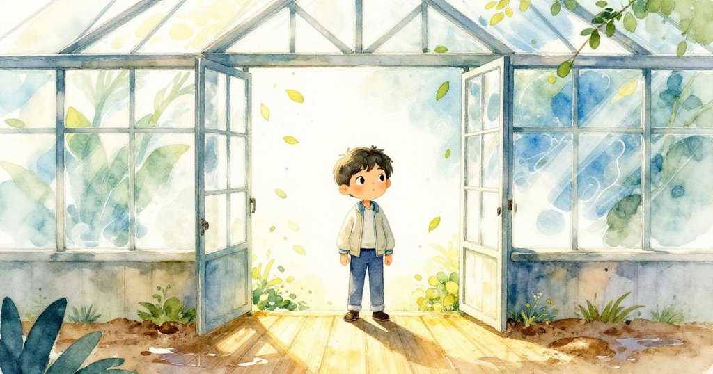 Milo站在溫室裡看向自己靴子在泥土上留下的印記,溫室內陽光灑落、綠葉輕舞,結局充滿平靜與滿足